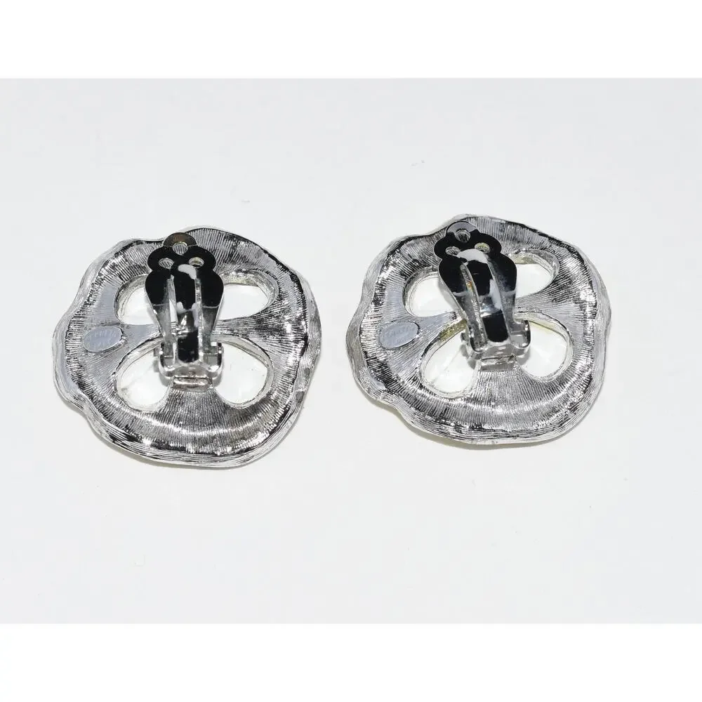 KENNETH JAY LANE Vintage Flower and Rhinestones Crystal Clip Earrings - Picture 7 of 8